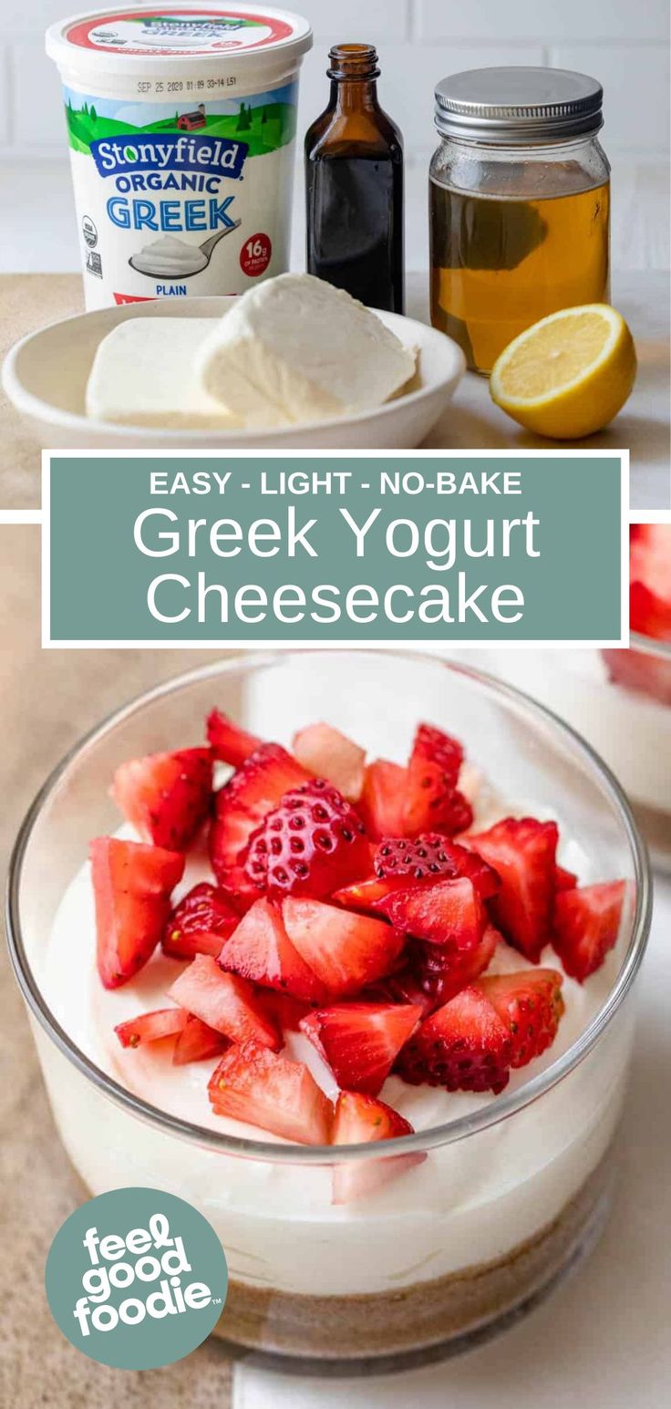 greek yogurt cheesecake with strawberries and lemons