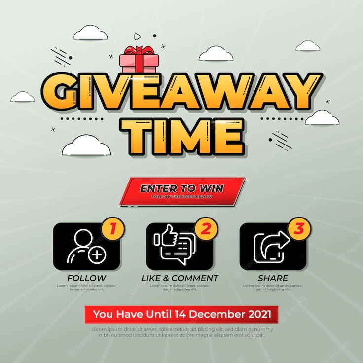 the giveaway time banner is shown in red, white and black with icons on it