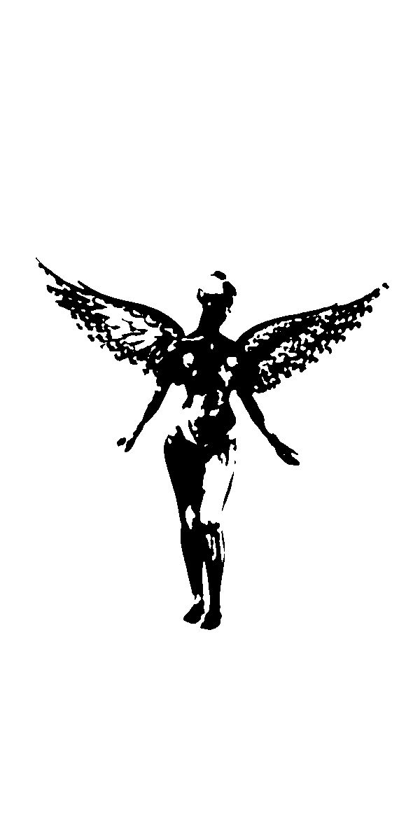 a black and white photo of a woman with wings on her back, standing in the air