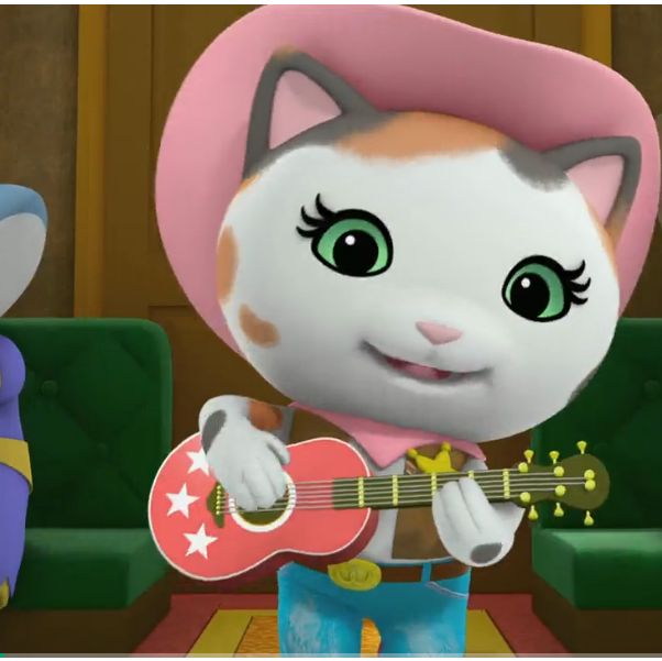 a cartoon cat with a pink hat playing a guitar and another animal in the background