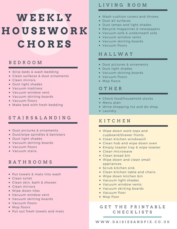 a pink and blue poster with the words weekly housework chores