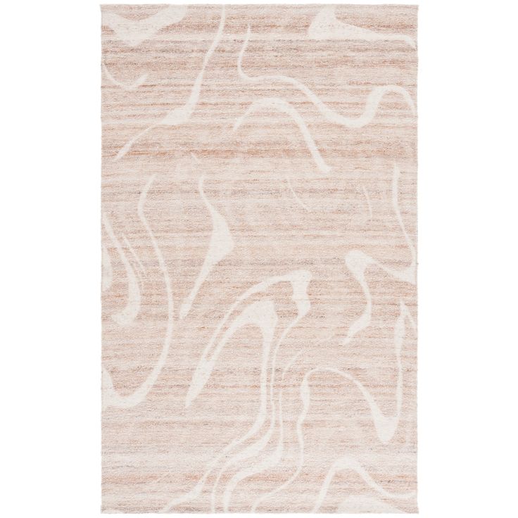 a beige rug with white swirls on the top and bottom, in front of a white background