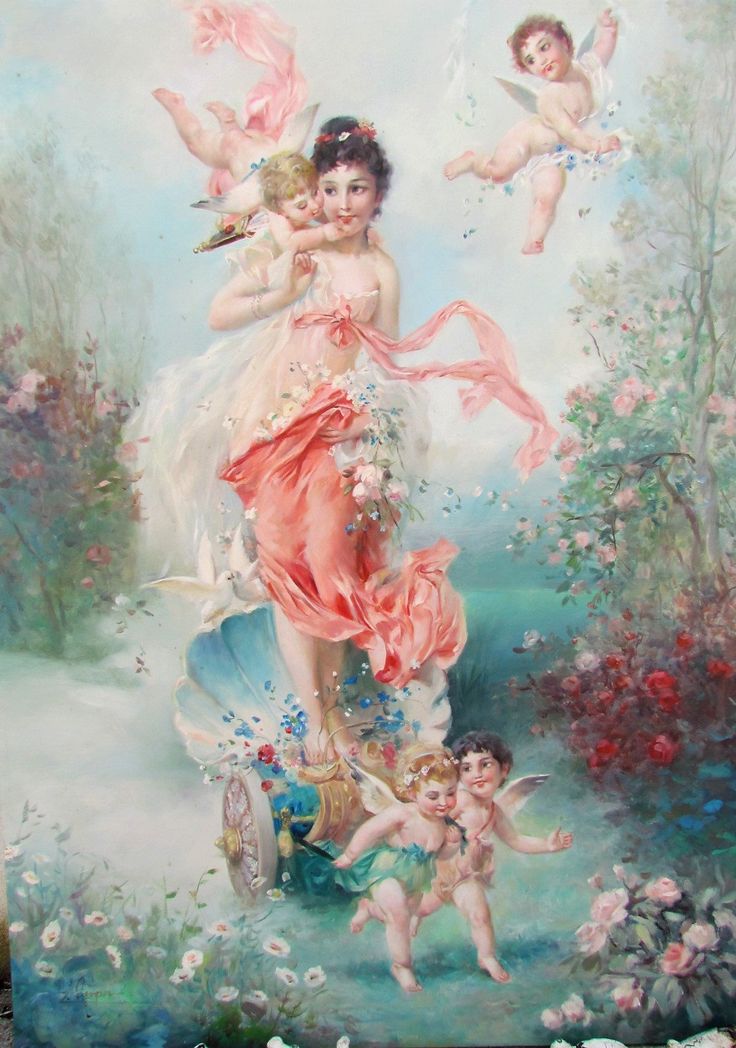 a painting of a woman and two children in a garden with cherubs flying above her