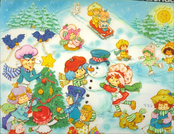 an image of children playing in the snow with christmas trees and toys on it's side