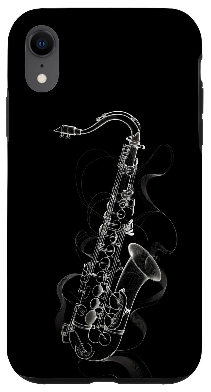 a black and white phone case with a saxophone on the front, against a dark background