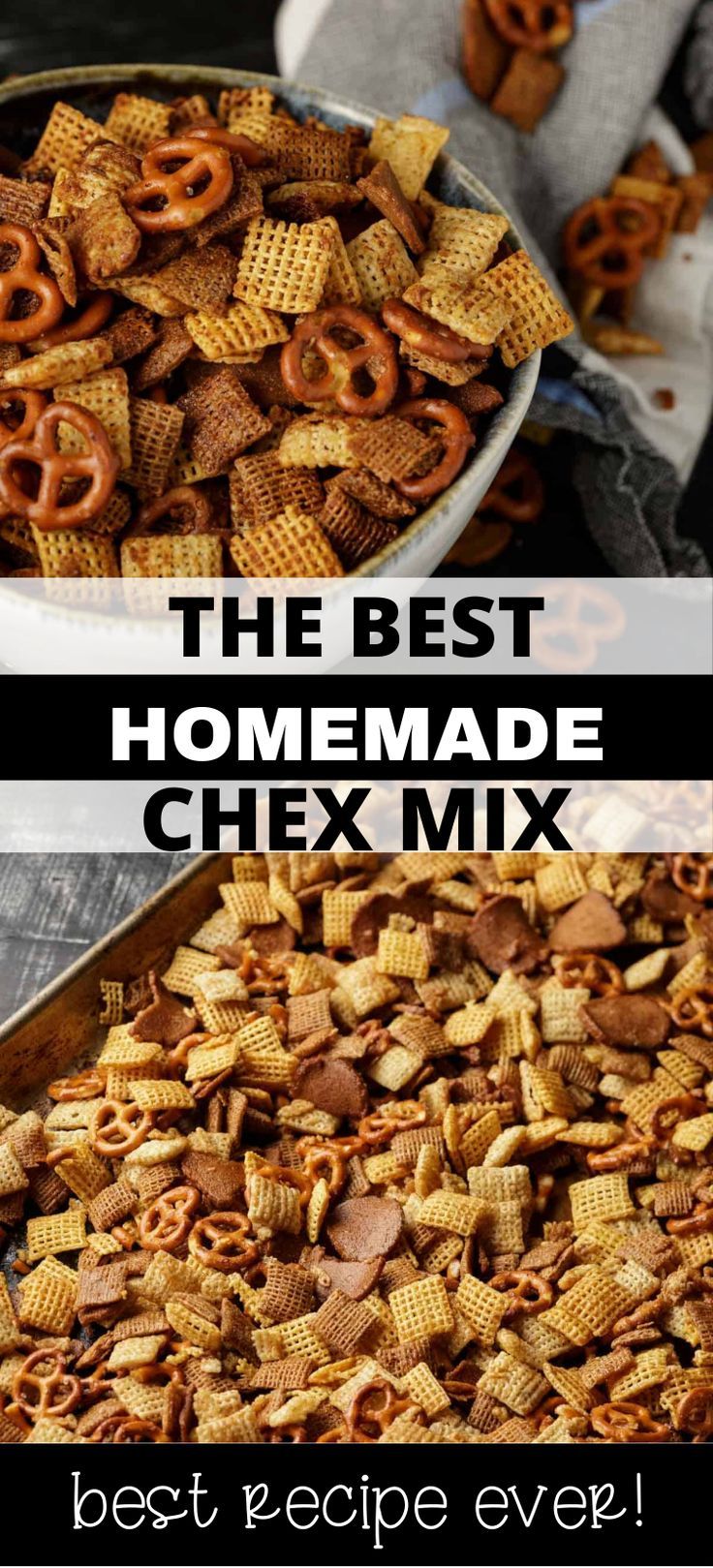 Bowlful of Chex mix at top and baking dish full of Chex mix at bottom. Savory Chex Mix, Chex Party Mix Recipe, Chex Mix Recipes Sweet, Homemade Chex Mix Recipe, Chex Snack Mix, Chex Mix Recipes Original, Party Mix Recipe, Homemade Chex Mix, Chex Mix Recipe