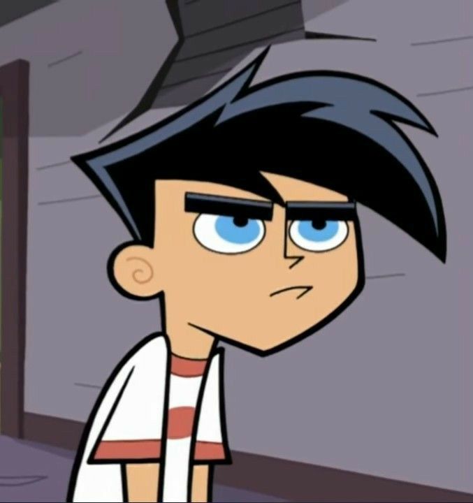 an animated image of a boy with blue eyes and black hair, standing in front of a building