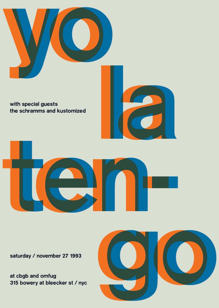 an advertisement for the exhibition yo la ten - go, with orange and blue letters