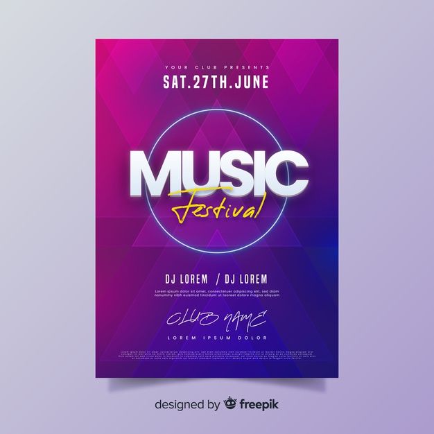 a music festival poster with geometric shapes on the front and back cover, in purple tones