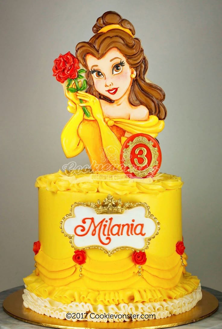 there is a yellow cake decorated with a woman holding a rose and the number eight on it