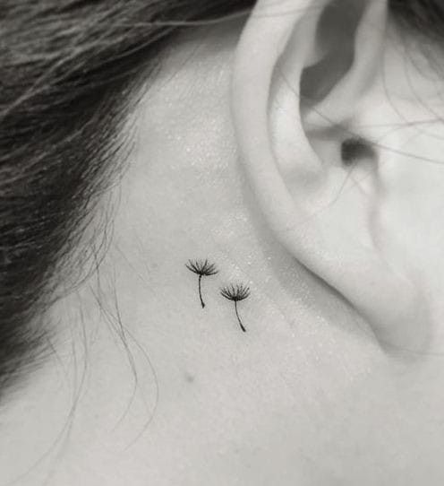 a small dandelion tattoo behind the ear