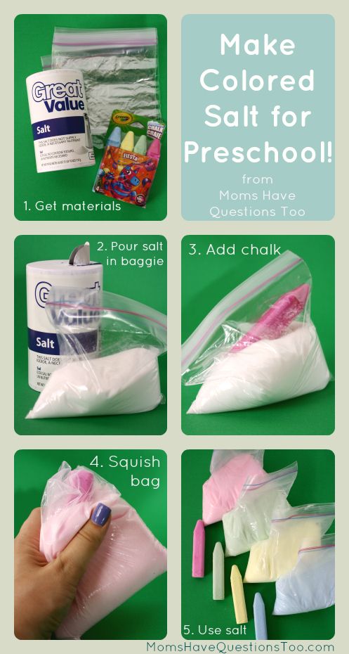 instructions to make colored salt for preschool from mom's have fun making it in bag