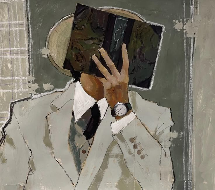 a painting of a man wearing a hat and holding a book in his right hand