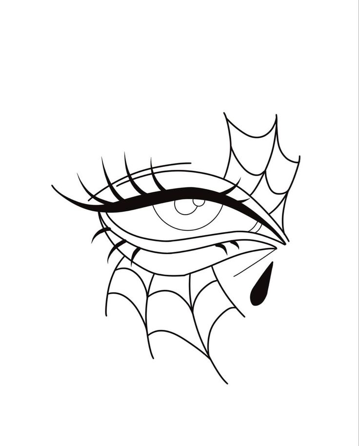 an eye with spider webs on it's lashes and eyeshade, drawn in