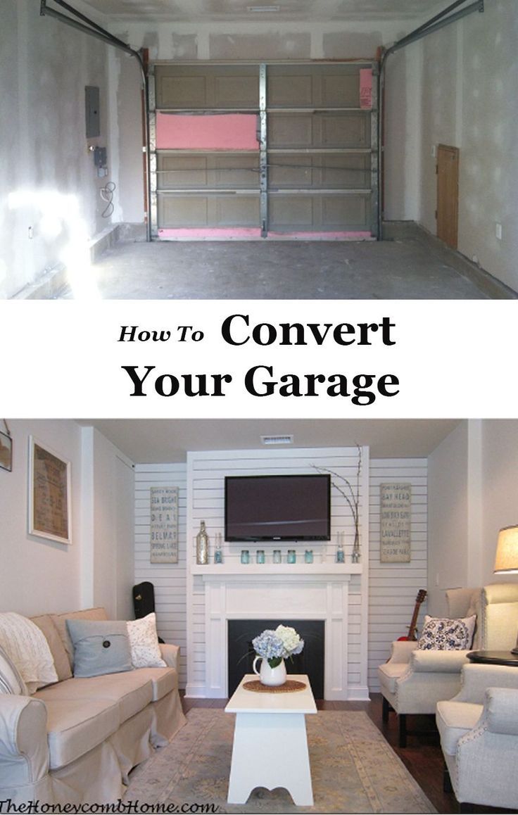 the before and after pictures of a garage with two couches, a fireplace, and a television