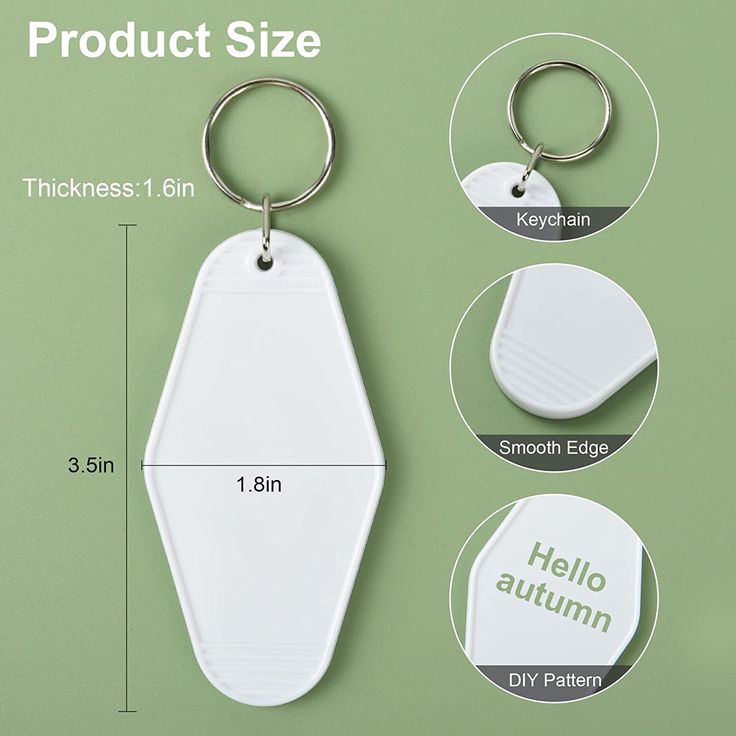 an image of a keychain that has the size and measurements for each item