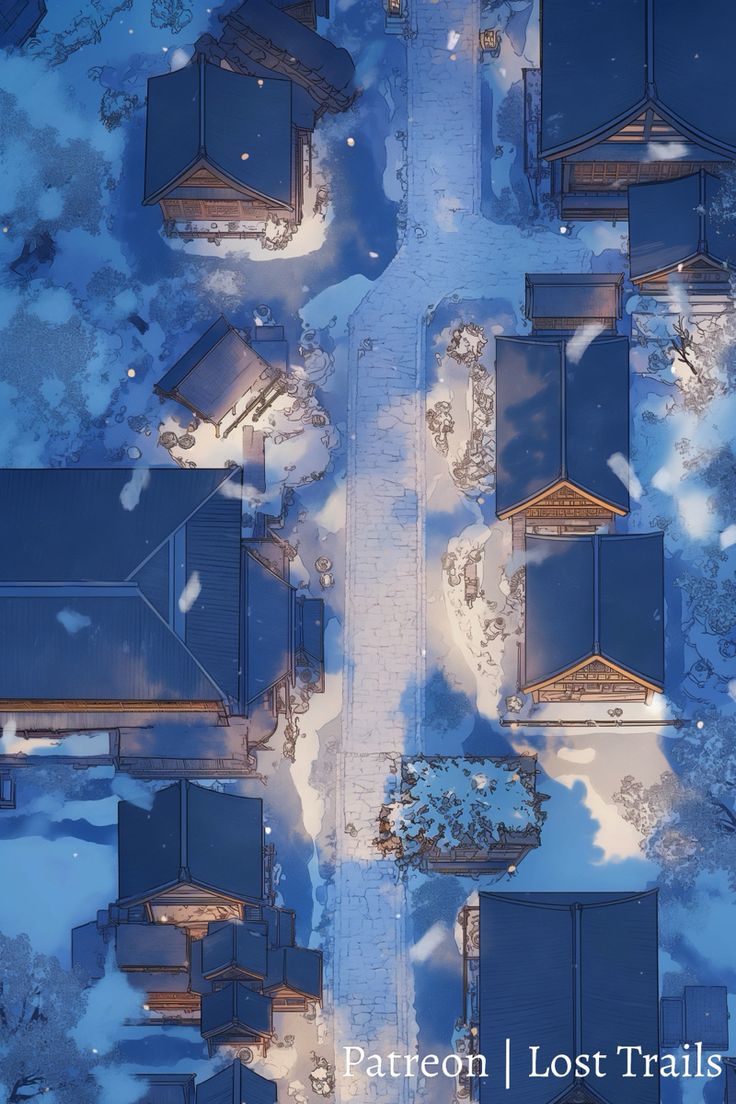 an aerial view of some buildings in the snow