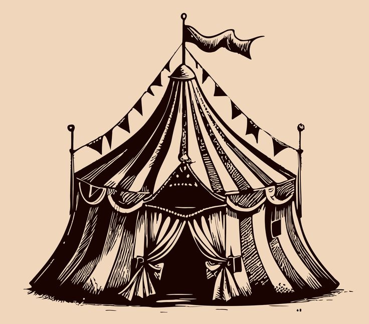 an old circus tent with flags and banners on the roof, hand drawn in black ink