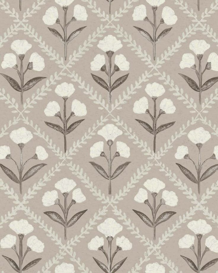 a gray and white wallpaper with flowers on it