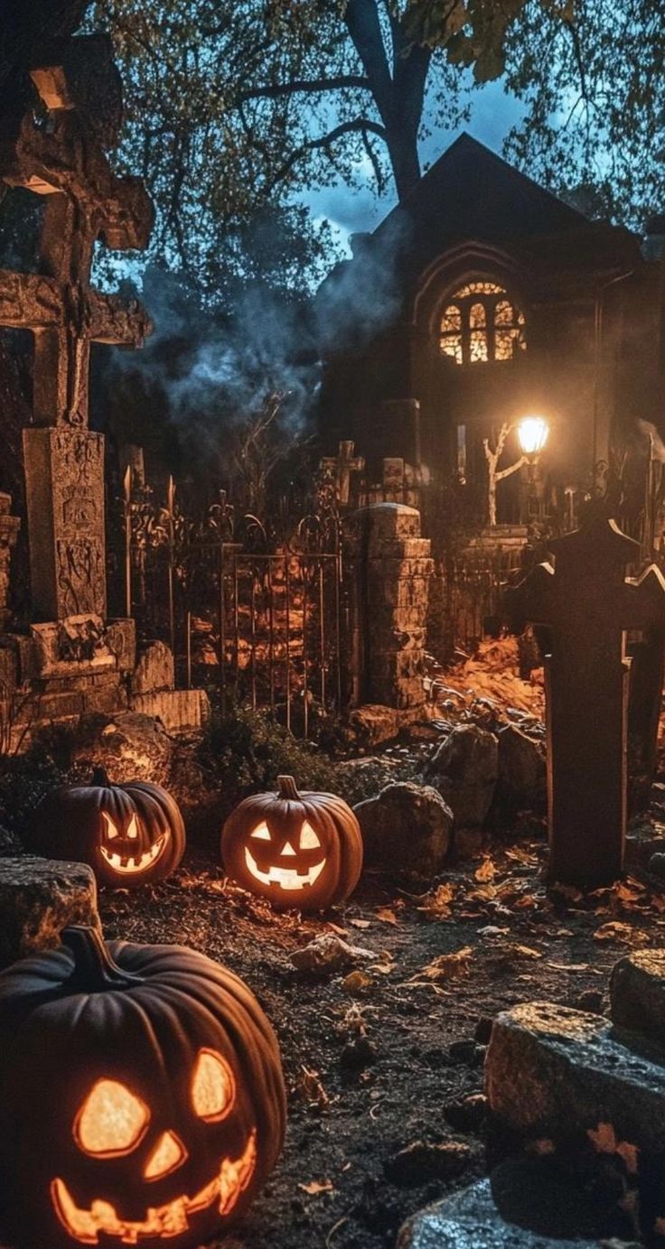 halloween pumpkins lit up in front of a house with tombstones and graves on the ground