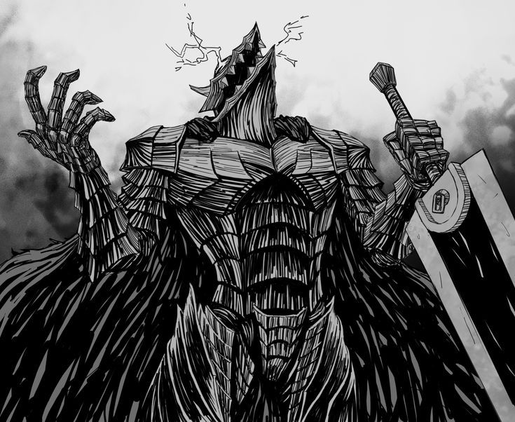 a black and white drawing of a monster holding two knives