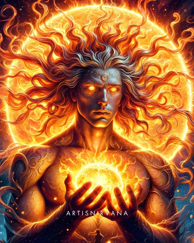 a woman holding a ball in her hands with fire coming out of her chest and the sun behind her