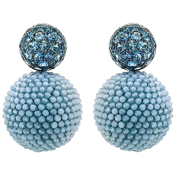 Hemmerle's Aquamarine Blue Agate Ball Earrings, crafted in 18K white gold circa 2000, showcase the German house's innovative approach. The earrings feature sparkling pavé-set round aquamarines atop intricately woven boules with lace agate beads, creating an elegant texture. The design balances the smooth aquamarine with the matte blue agate, resulting in a subtly striking effect. Founded in 1893 in Munich, Hemmerle is a fourth-generation family-run jeweler known for their dedication to craftsman Color Stones Jewelry, Ball Drop Earrings, Vintage Drop Earrings, Aquamarine Earrings, Ball Drop, Agate Earrings, Ball Earrings, Aquamarine Blue, Blue Agate