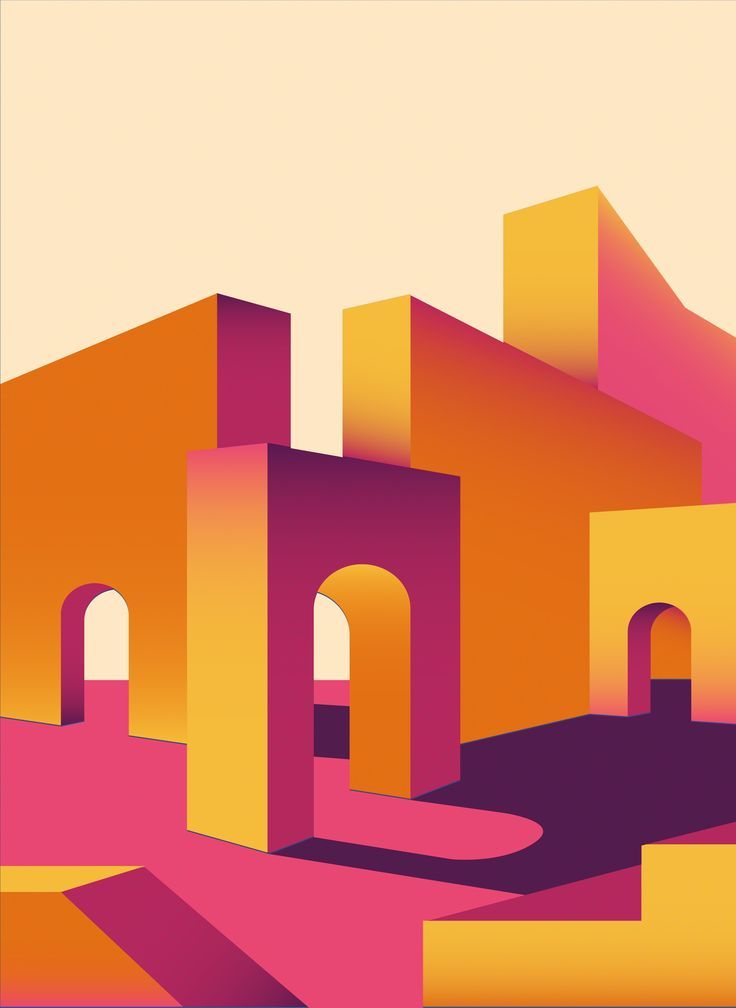 an abstract painting with pink, yellow and orange shapes in the background is a house