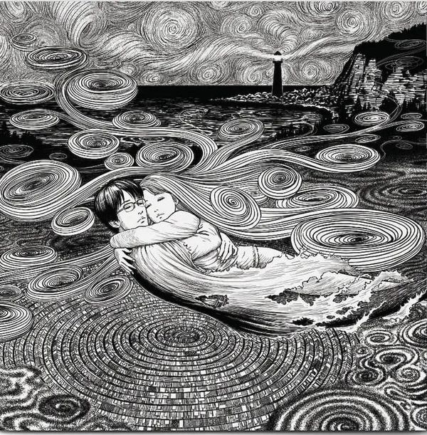 a drawing of two people hugging in the water with swirls around them and a lighthouse in the background