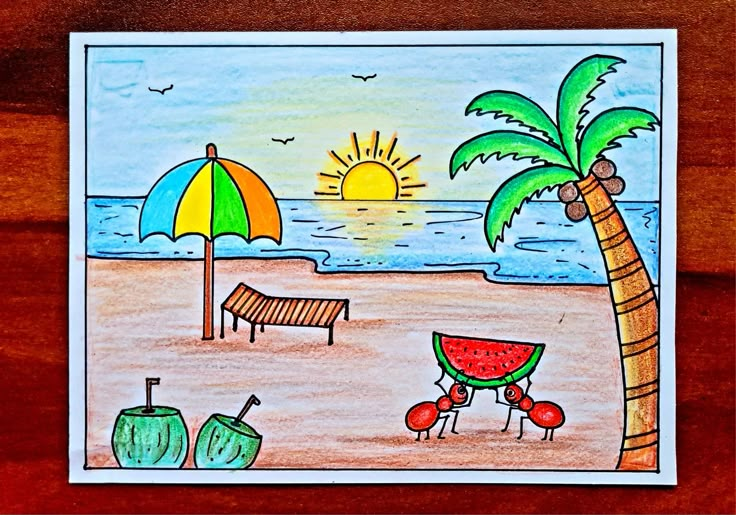 Video Tutorial uploaded on Amrita Drawing Book Channel. Subscribe for more creative Drawings and School Projects. #Summer #season #summerseason #drawing #easydrawing #drawingforkids #Tutorial #Youtube #howtodraw #simple #easy #Typeofseasons Drawing On Summer Season, Drawing Of Summer Season, Summer Holidays Drawing, Summer Season Drawing Ideas, Summer Drawings Easy For Kids, Summer Season Crafts For Kids, Education Related Drawings, Summer Theme Drawing, Summer Scenery Drawing