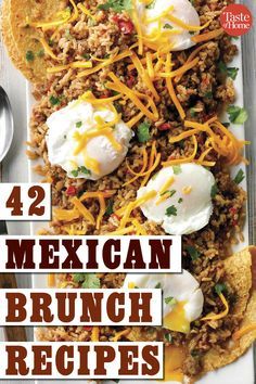 mexican brunch recipes on a white plate with silver spoons and utensils