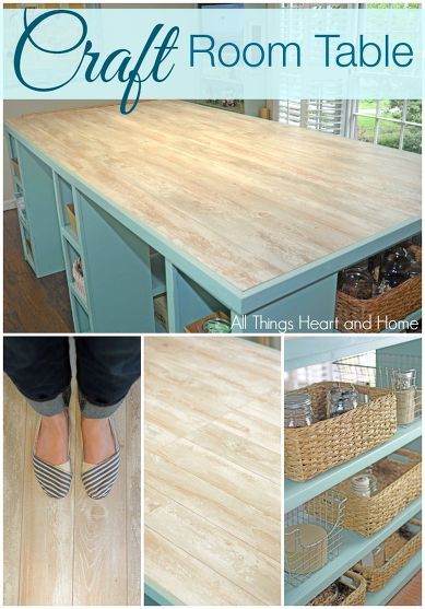 the craft room table is made from an old dresser