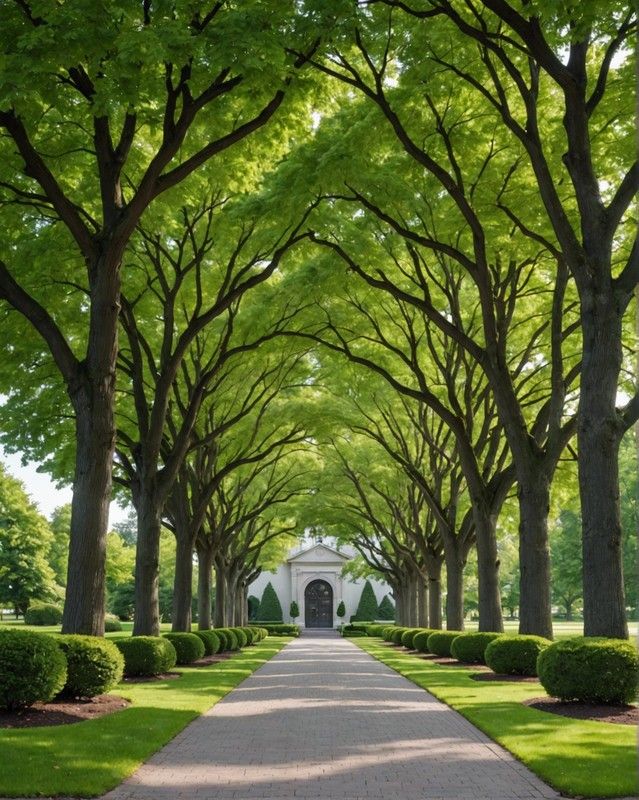 the walkway is lined with trees and hedges