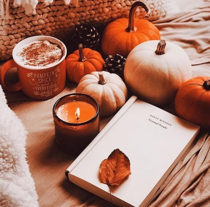 an open book sitting on top of a bed next to two candles and pumpkins