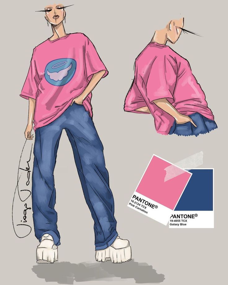 a drawing of a man in pink shirt and blue pants