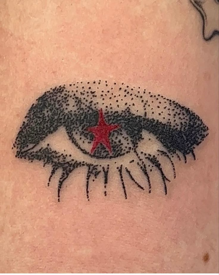 Y2K, tattoo, tattoos, red star, red, star, star girl, aesthetic, rock star, girlfriend, eye, starry eye, eye with red star, eyes, Grunge, realistic, goth, alternative, stick and poke, hand poked, milky Matt, red ink, red and black Eye With Heart Pupil Tattoo, Dot Work Tattoo Ideas, Avant Garde Tattoo, Knee Tattoo Placement, Radio Head Tattoo, Aesthetic Neck Tattoo, Dotted Tattoo Design, Mazzy Star Tattoo, Overlapping Tattoos