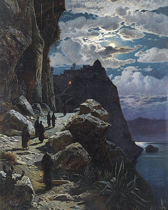 an image of a painting with people walking on the side of a cliff near water