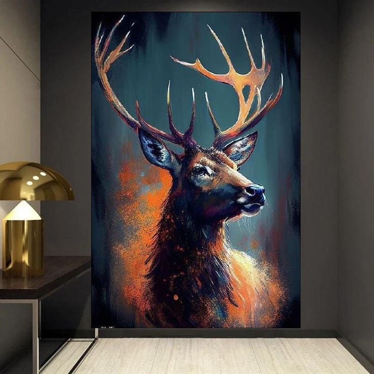 a painting of a deer with large antlers on it's head is shown