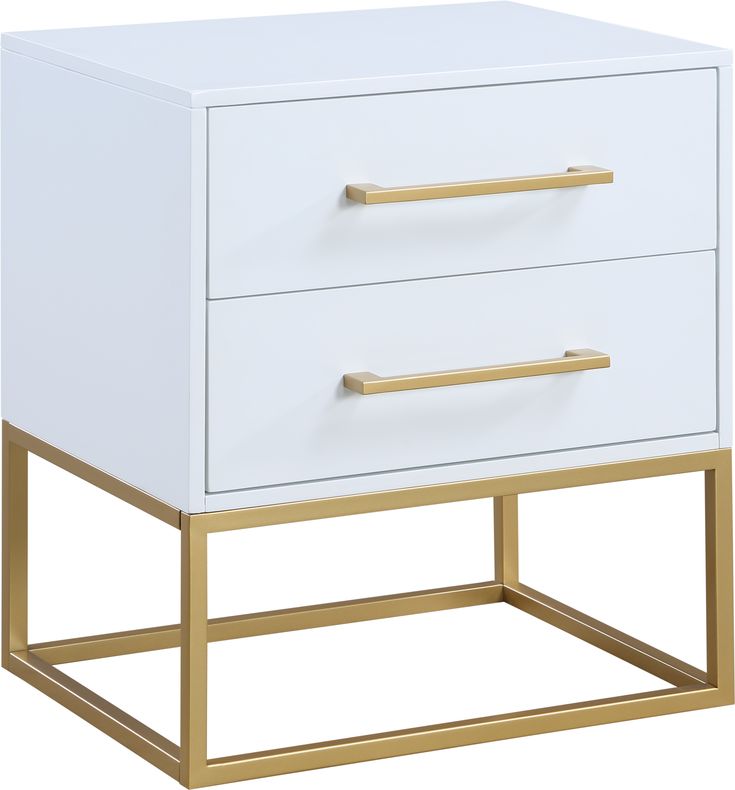 a white and gold nightstand with two drawers on each side, against a white background