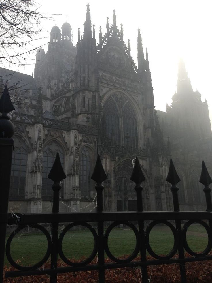 an old building with many spires in the fog