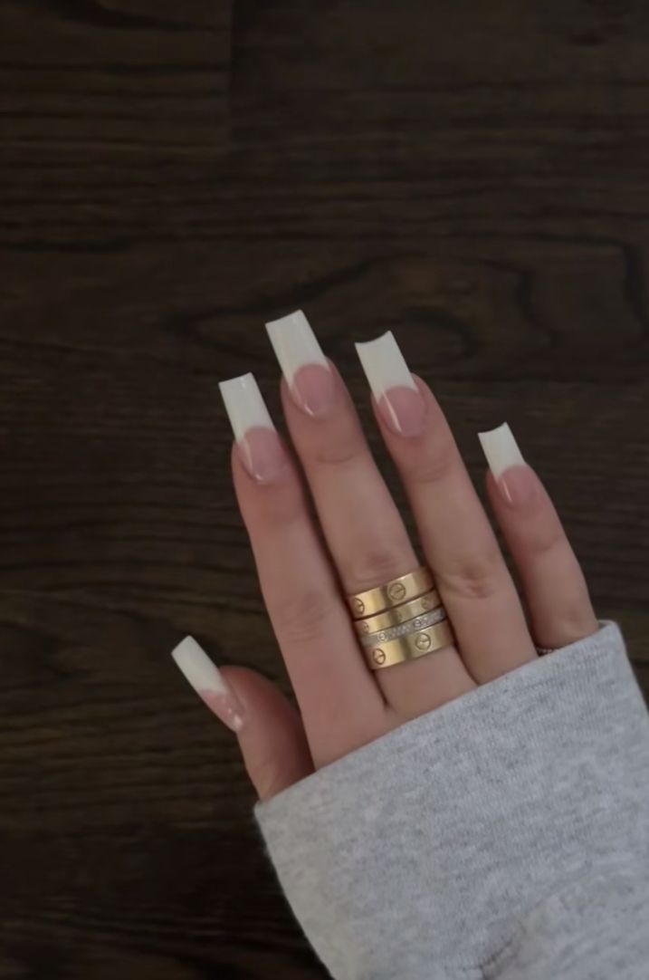 Long Classic French Nails, White French Tip Nails 2000s, French Tip Acrylic Nails 2000s, Chunky White French Tip Nails, French Tip Thick White, Square Thick French Nails, Milky White Black French Nails, 90s Square Nails, Sharp Square French Tips