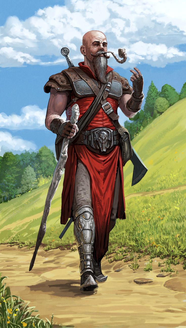 a man in armor walking down a dirt road with two swords and a pipe on his shoulder