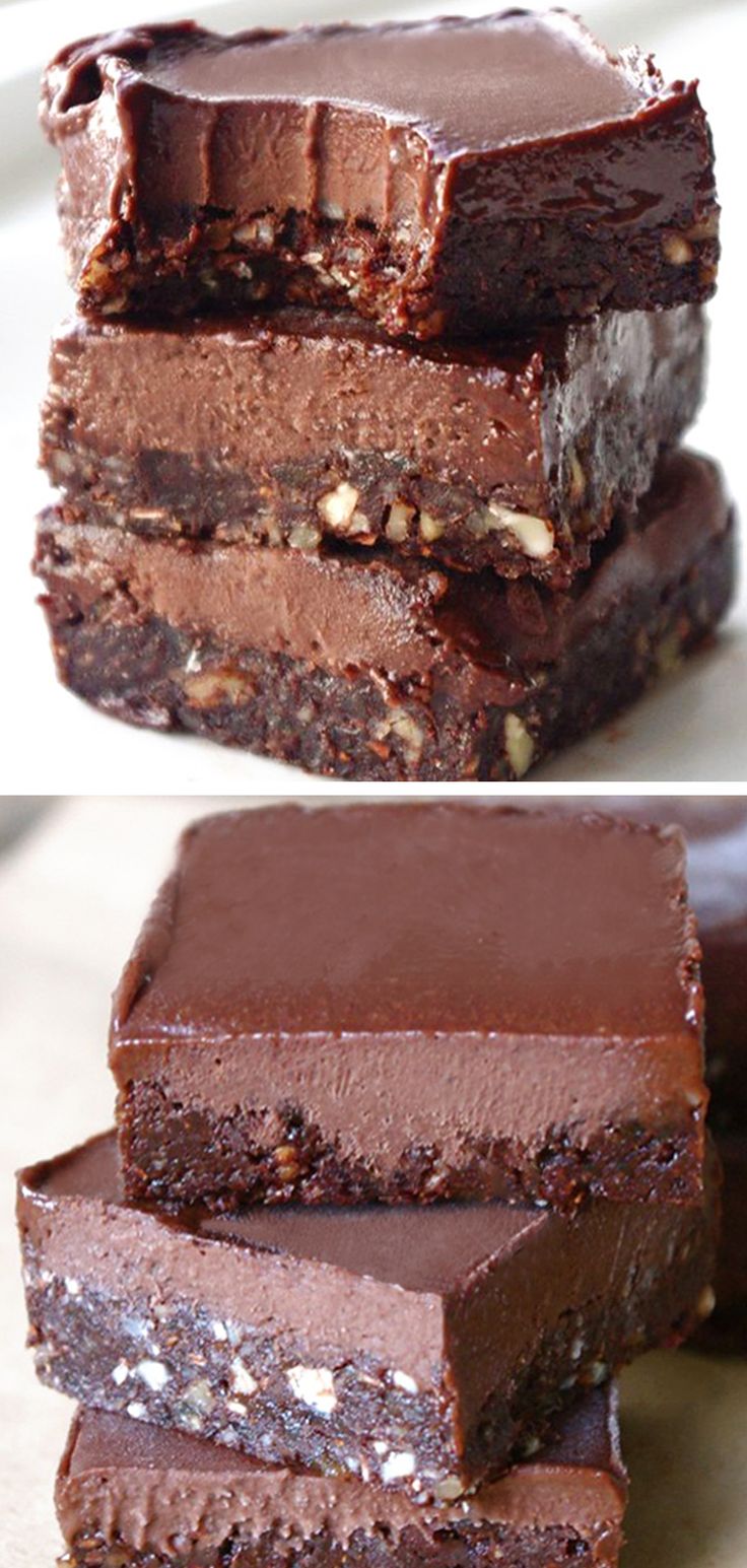 three pictures of chocolate brownies stacked on top of each other