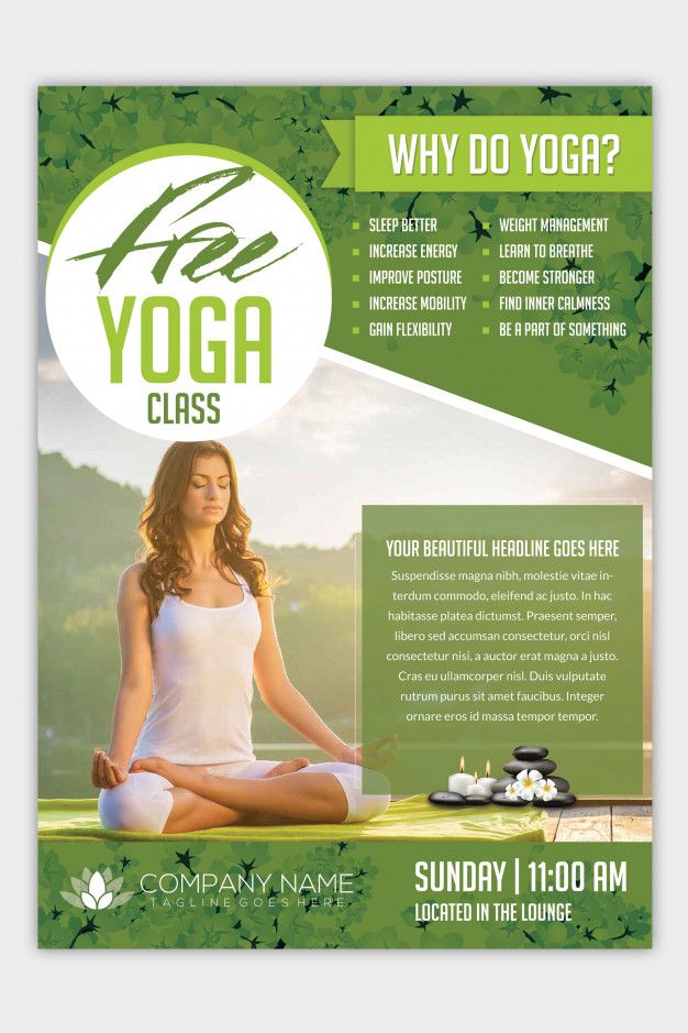 a yoga class flyer with a woman doing yoga in the lotus position and green leaves around her