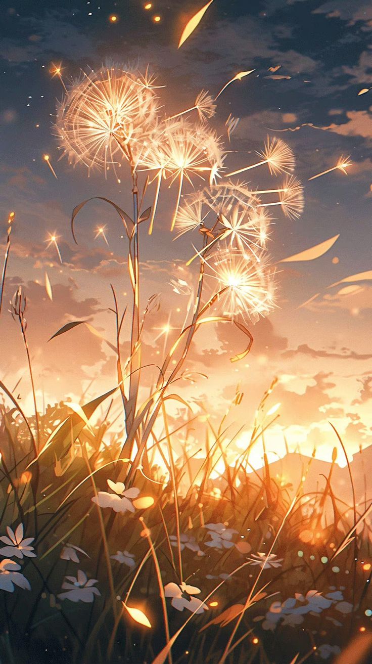 a dandelion blowing in the wind on top of a grass covered field at sunset