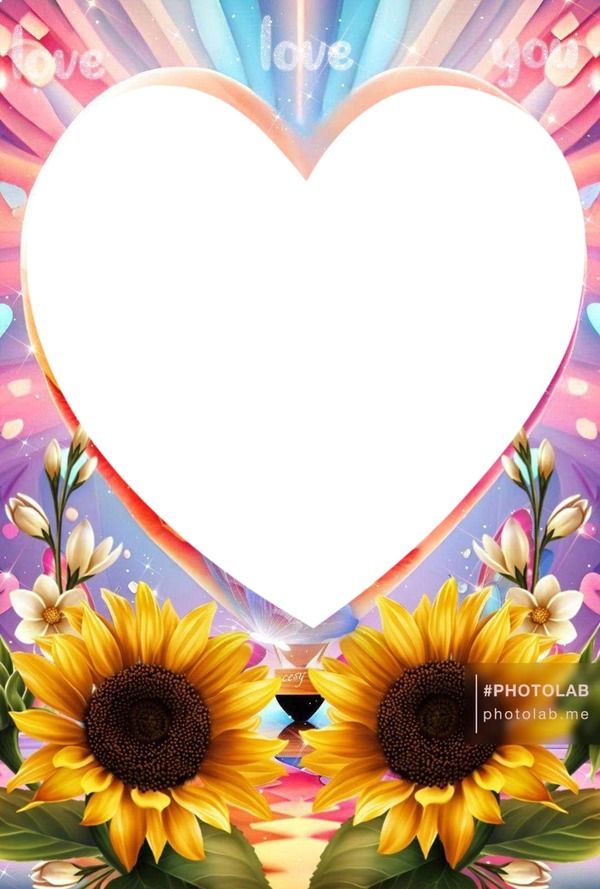 two sunflowers are in front of a white heart