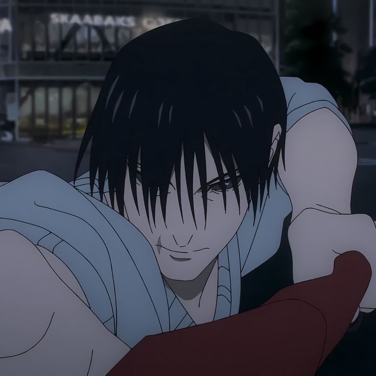 an anime character with black hair holding his hand to his head