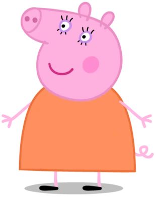 peppa pig in an orange dress with eyes wide open and one hand on his hip