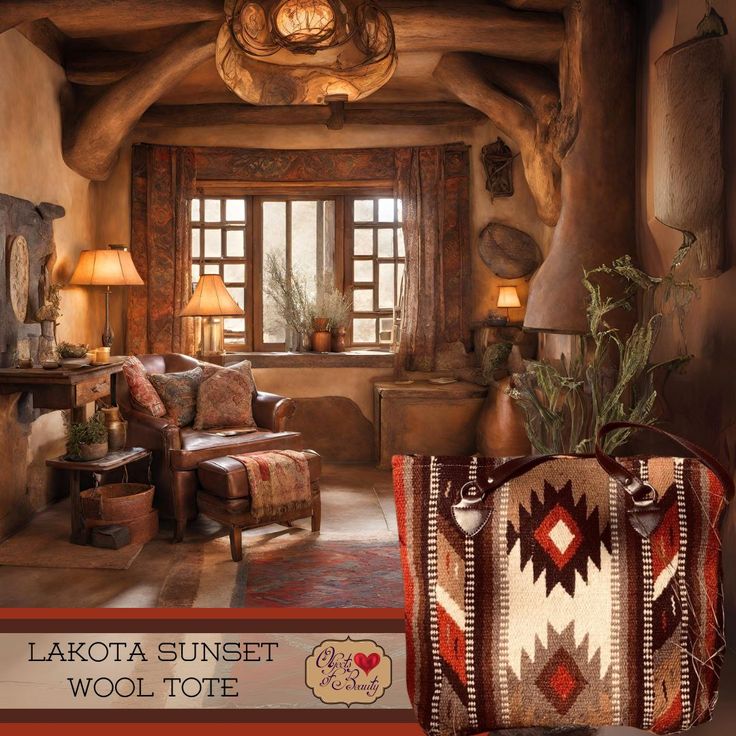 Lakota Sunset Southwestern Wool Tote | Yellowstone Spirit Southwestern Collection Wool Bag Objects of Beauty Southwest Southwest Decor Living Room, Yellowstone Design, Ranch House Living Room, Southwestern Living Room Ideas, Southwest Style Home, Southwestern Living Room, Wool Tote Bag, Wool Tote, Handcrafted Handbags