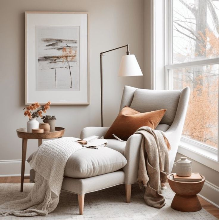 a living room with a chair, table and lamp next to a large open window